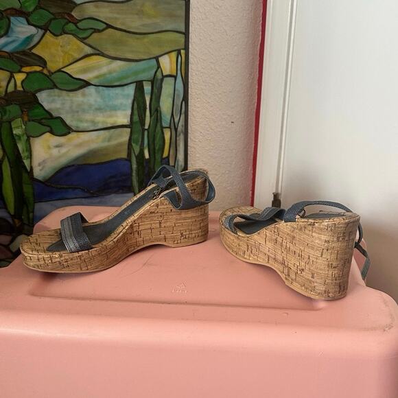 lower east side denim wood platform wedge sandal heels shoes - Picture 3 of 5